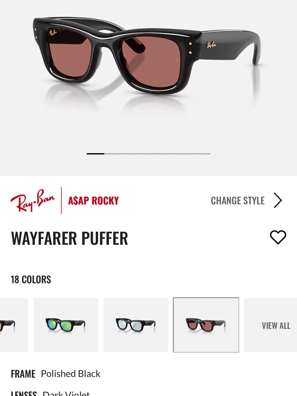 Ray-Ban Wayfarer Puffer Sunglasses - Black Frame with Dark Violet Lenses